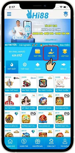 Bước 1: BƯỚC 1: TẠI TRANG CHỦ, TRUY CẬP MỤC RÚT TIỀN TRỰC TUYẾN.