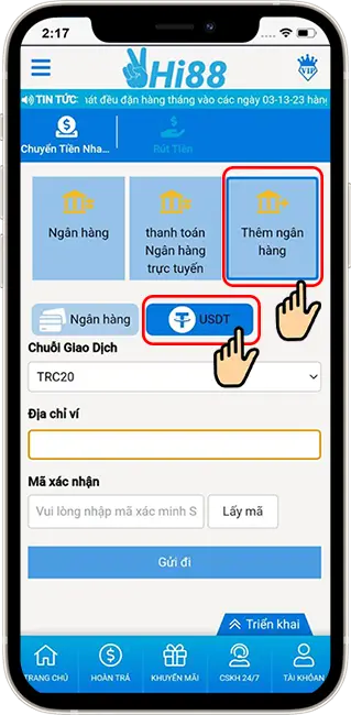 Bước 2: BƯỚC 2: CHỌN THÊM NGÂN HÀNG → CHỌN USDT.