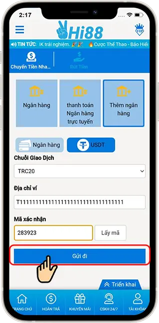 Bước 4: BƯỚC 4: NHẬP MÃ XÁC MINH ĐƯỢC GỬI ĐẾN SĐT ĐĂNG KÝ → CHỌN GỬI ĐI HOÀN TẤT QUÁ TRÌNH LIÊN KẾT VÍ USDT.