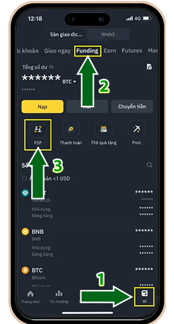 Bước 1: BƯỚC 1: TẠI GIAO DIỆN VÍ BINANCE → CHỌN FUNDING → NHẤN P2P