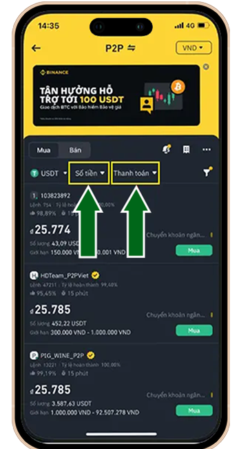 Bước 2: BƯỚC 2: TẠI MỤC MUA → CHỌN USDT → SẮP ĐỘ LỌC THEO SỐ TIỀN MUỐN GIAO DỊCH VÀ HÌNH THỨC THANH TOÁN (VD: CHUYỂN KHOẢN NGÂN HÀNG,…)