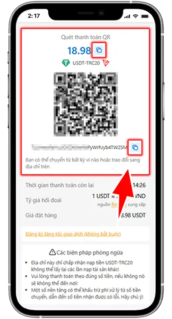 Bước 3: BƯỚC 3: SAO CHÉP ĐỊA CHỈ MÃ VÍ USDT HOẶC CHỤP ẢNH MÃ QR ĐỂ SANG BINANCE THỰC HIỆN CHUYỂN TIỀN.