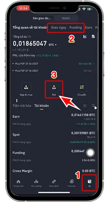 Bước 4: BƯỚC 4: BƯỚC 4: ĐĂNG NHẬP BINANCE → VÀO VÍ → CHỌN MỤC GIAO NGAY HOẶC FUNDING → CHỌN GỬI (RÚT).