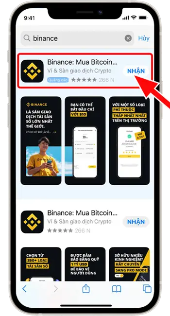 Bước 2: BƯỚC 2: NHẬP VÀO Ô TÌM KIẾM TỪ KHÓA BINANCE. SAU ĐÓ BẤM NHẬN ĐỂ TẢI ỨNG DỤNG.